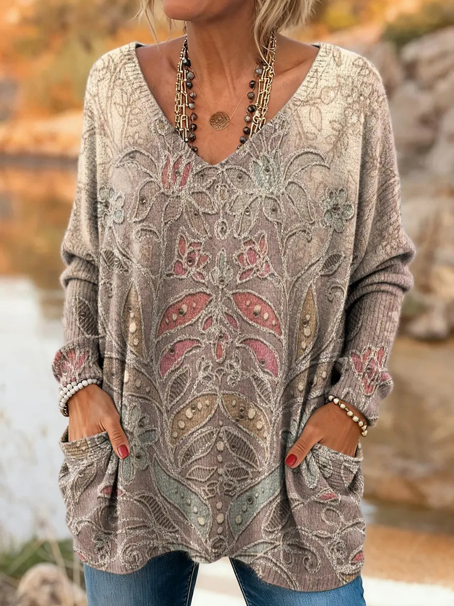 Women's Ethnic Floral Textured Art Print Casual V Neck Knitted Pocket Tunic Top