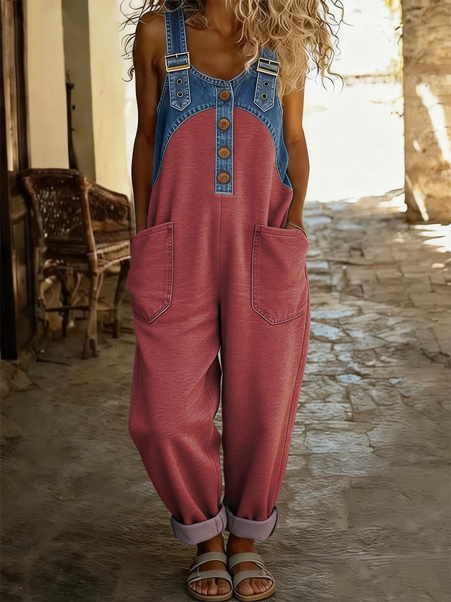 Women's Casual Washed Cotton Denim Patchwork Jumpsuit