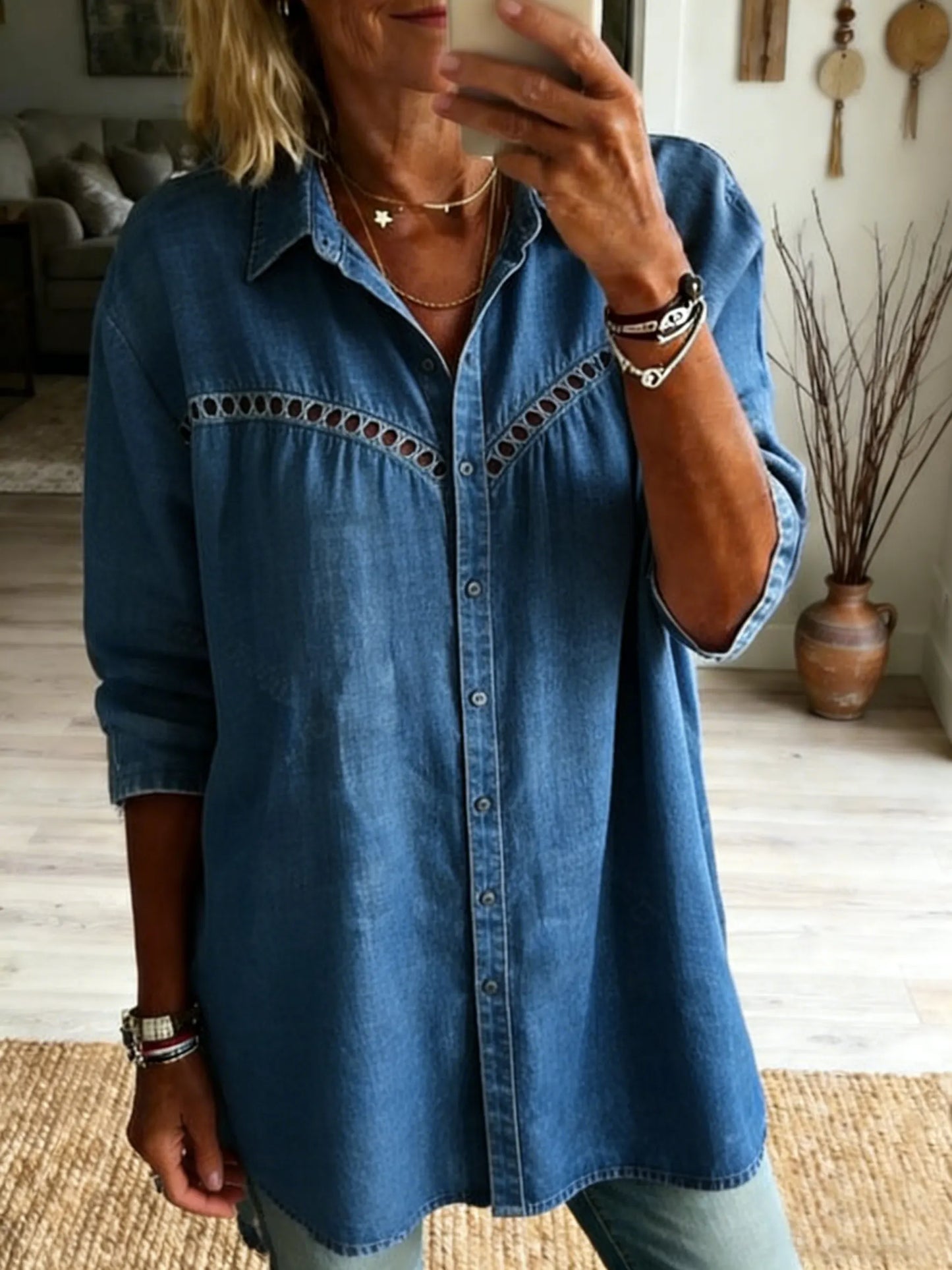 Women's Casual Washed Cotton Cutout Top