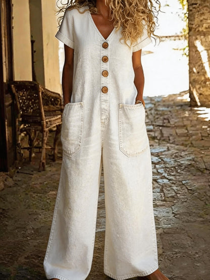 Women's Casual Short-sleeve V-neck Washed Cotton Denim Jumpsuit