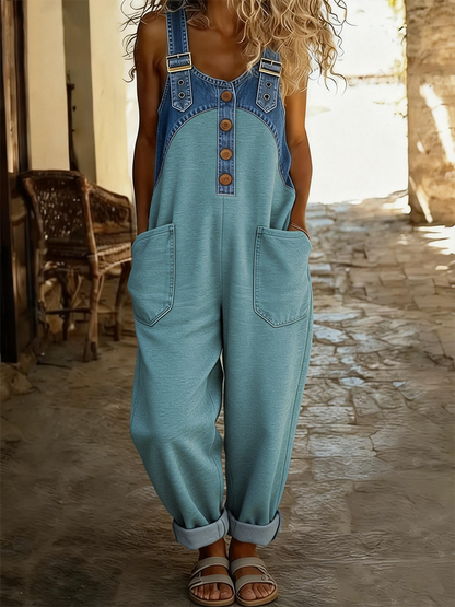 Women's Casual Washed Cotton Denim Patchwork Jumpsuit