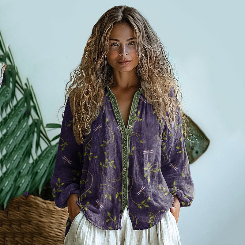 Bohemian Style Dragonfly Linen Print  Long Sleeve Shirt