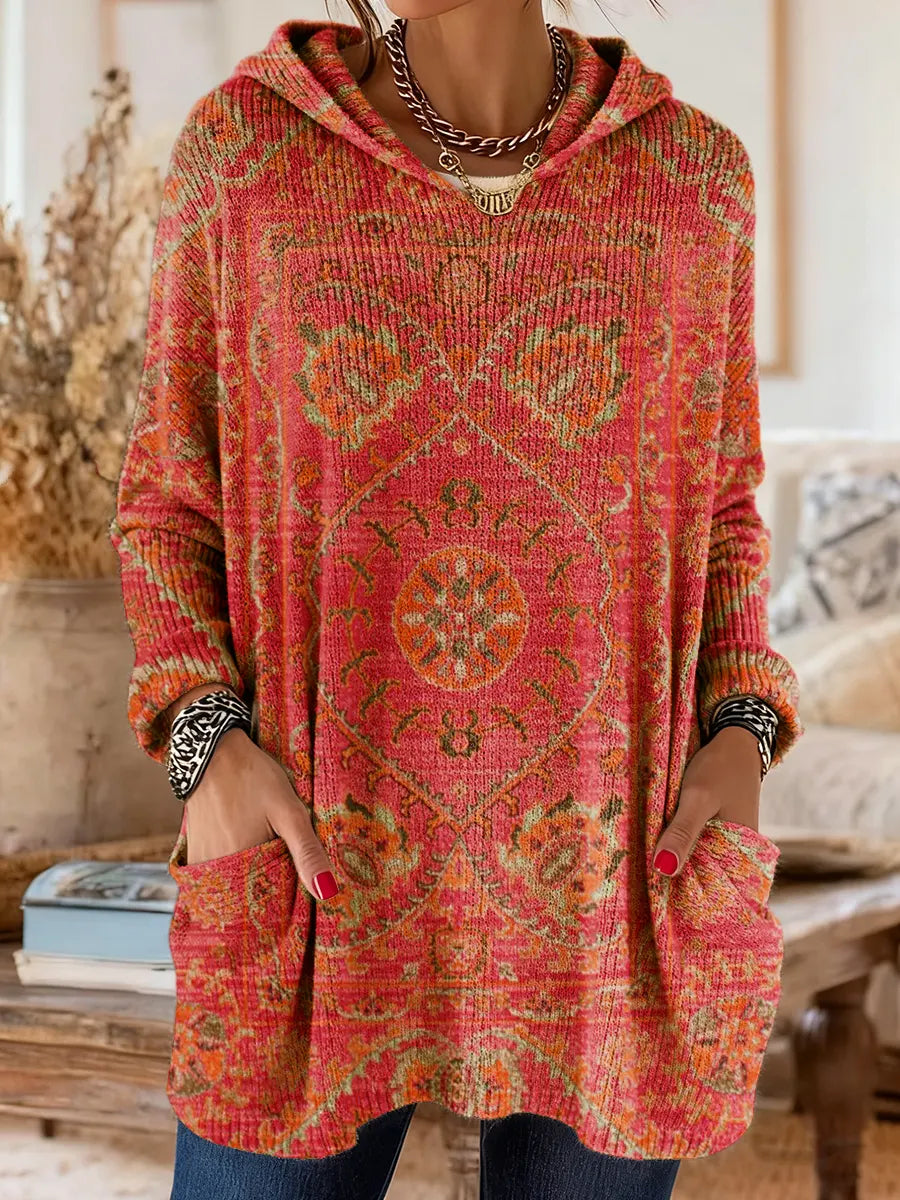 Women's Ethnic Totem Art Print Casual Knitted Pocket Hooded Tunic Top