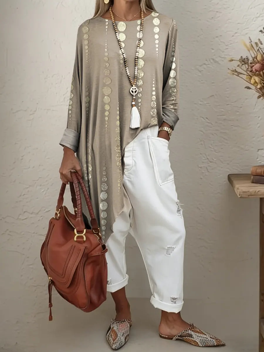 Women's Ethnic Polka Dots Art Print Irregular Hem Cotton Long-sleeve T-shirt