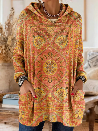 Women's Ethnic Totem Art Print Casual Knitted Pocket Hooded Tunic Top