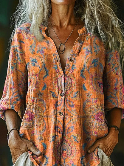 Women's Retro Ethnic Totem Printed Flowy Cotton Crew Neck Dress