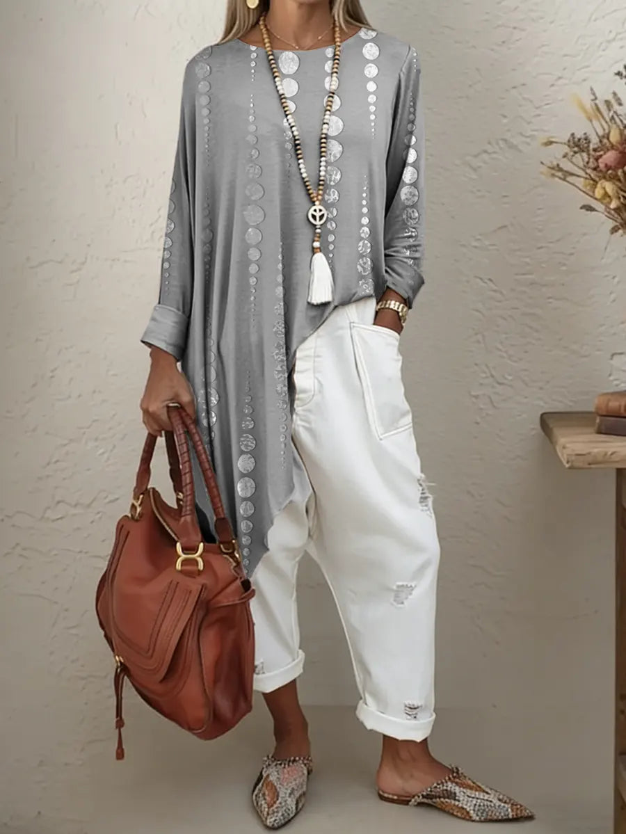 Women's Ethnic Polka Dots Art Print Irregular Hem Cotton Long-sleeve T-shirt