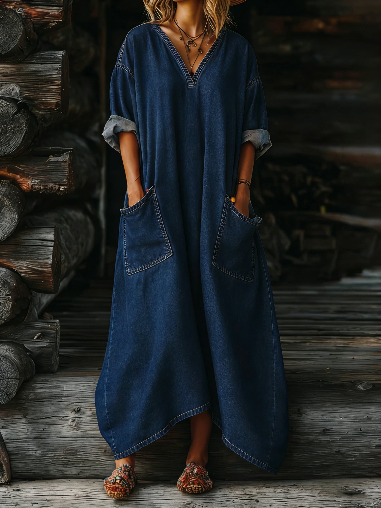 Women's Casual Long-sleeved V-neck Washed Cotton Denim Dress