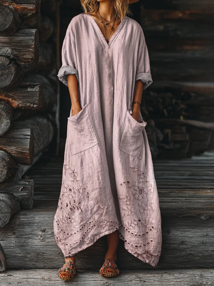 Women's Retro Ethnic Totem Art Pattern Print Pocket V-neck Cotton Dress