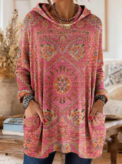 Women's Ethnic Totem Art Print Casual Knitted Pocket Hooded Tunic Top