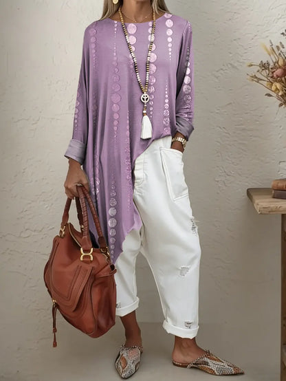 Women's Ethnic Polka Dots Art Print Irregular Hem Cotton Long-sleeve T-shirt