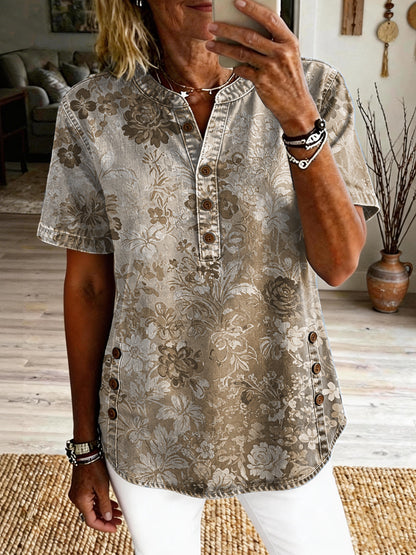 Women's Retro Floral Art Print Casual Short-sleeve Washed Cotton Denim Shirt