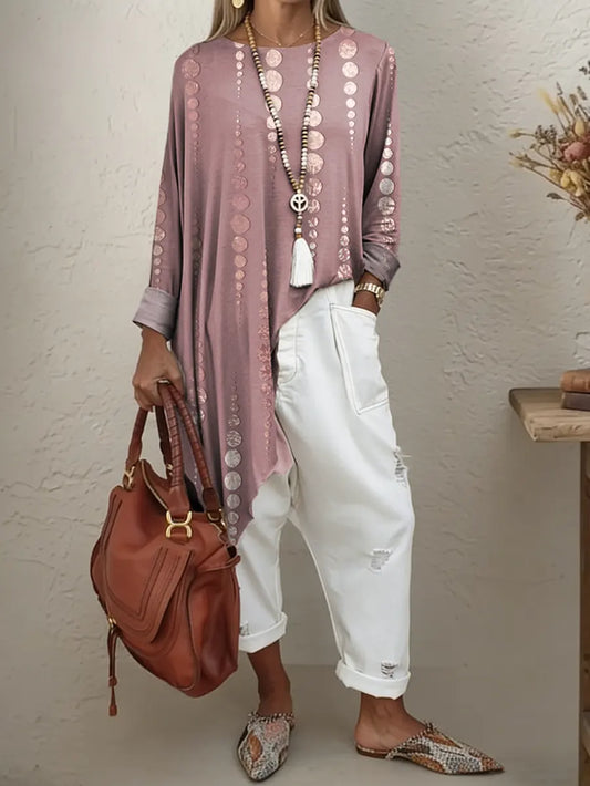 Women's Ethnic Polka Dots Art Print Irregular Hem Cotton Long-sleeve T-shirt