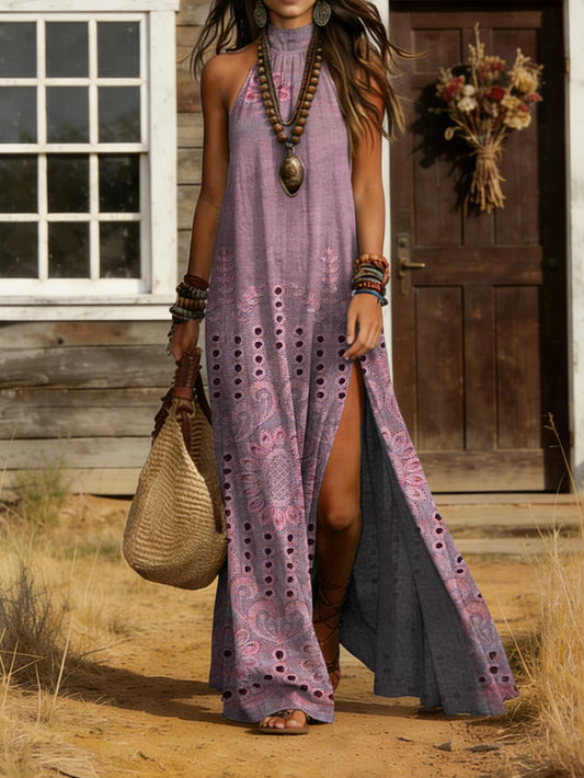 Women's Retro Floral Art Print Casual Sleeveless Stand Collar Cotton Linen Dress