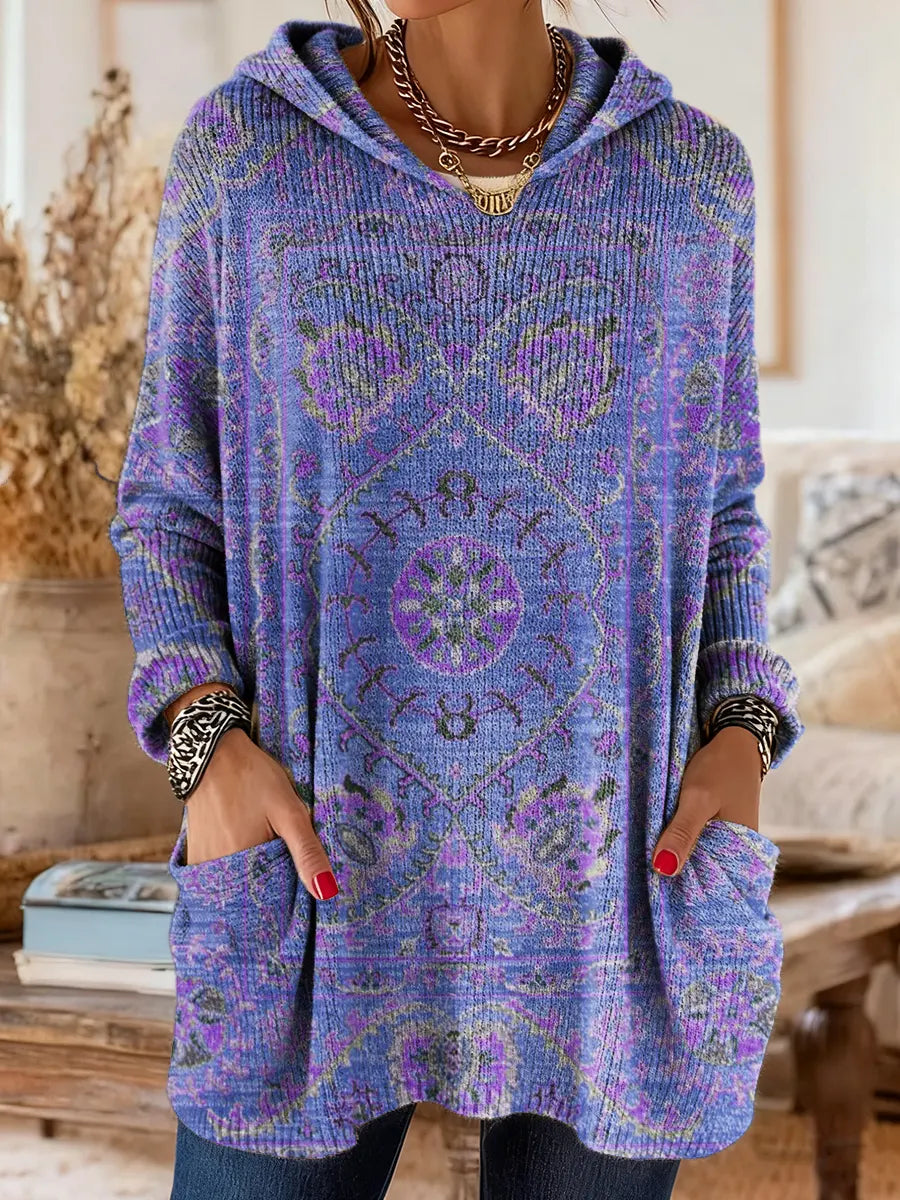 Women's Ethnic Totem Art Print Casual Knitted Pocket Hooded Tunic Top