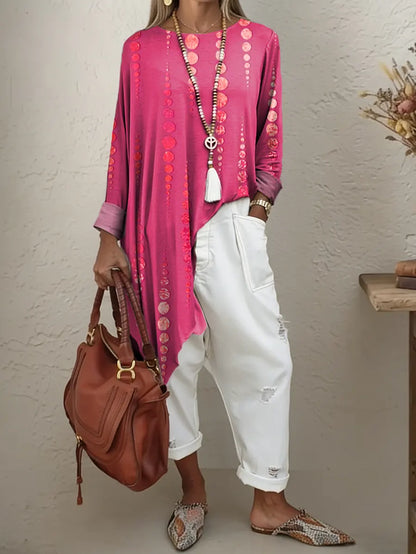 Women's Ethnic Polka Dots Art Print Irregular Hem Cotton Long-sleeve T-shirt