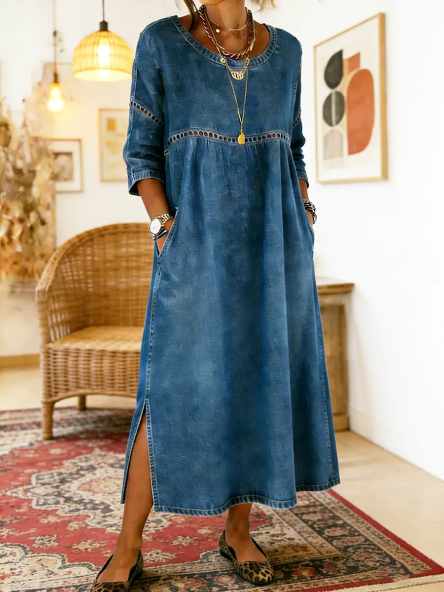 Women's Crew Neck Pocket Cotton Denim Dress