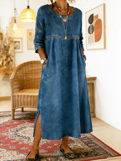 Women's Crew Neck Pocket Cotton Denim Dress