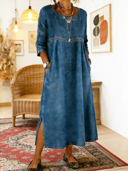 Women's Crew Neck Pocket Cotton Denim Dress