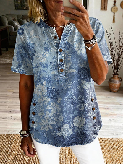 Women's Retro Floral Art Print Casual Short-sleeve Washed Cotton Denim Shirt