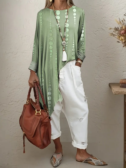 Women's Ethnic Polka Dots Art Print Irregular Hem Cotton Long-sleeve T-shirt