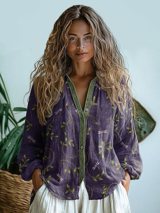 Bohemian Style Dragonfly Linen Print  Long Sleeve Shirt