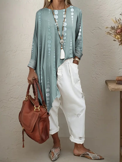 Women's Ethnic Polka Dots Art Print Irregular Hem Cotton Long-sleeve T-shirt