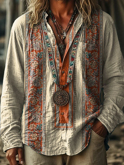 Blue Ethnic style geometry Pattern Vintage Stripe Print 100% Cotton Long Sleeve Shirt