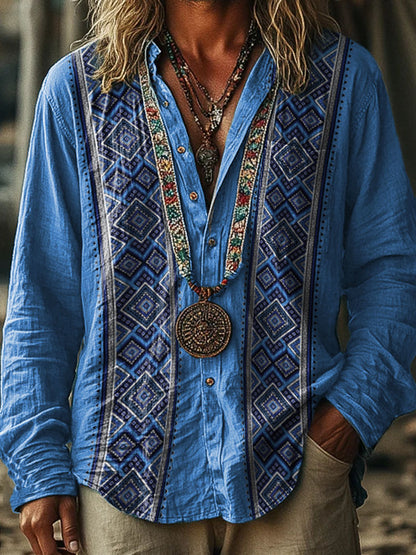 Blue Ethnic style geometry Pattern Vintage Stripe Print 100% Cotton Long Sleeve Shirt