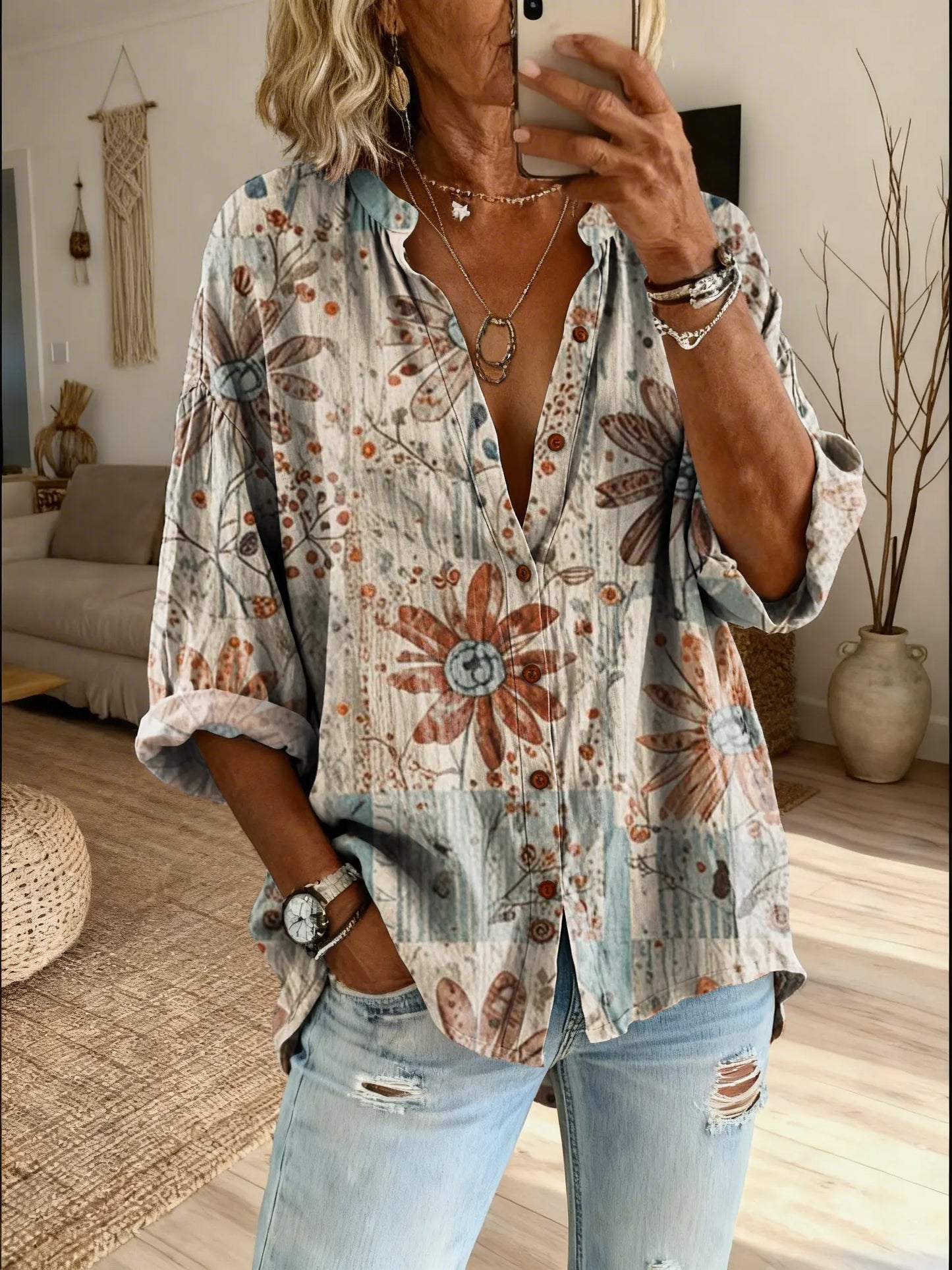 Women's Retro Floral Art Print Casual Cotton Linen Shirt