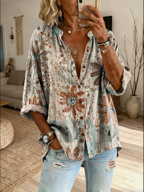 Women's Retro Floral Art Print Casual Cotton Linen Shirt