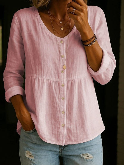 Women's Casual Solid Color V-Neck Long Sleeve Cotton and Linen Button Top