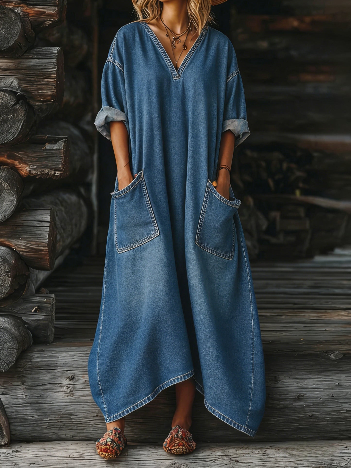 Women's Casual Long-sleeved V-neck Washed Cotton Denim Dress