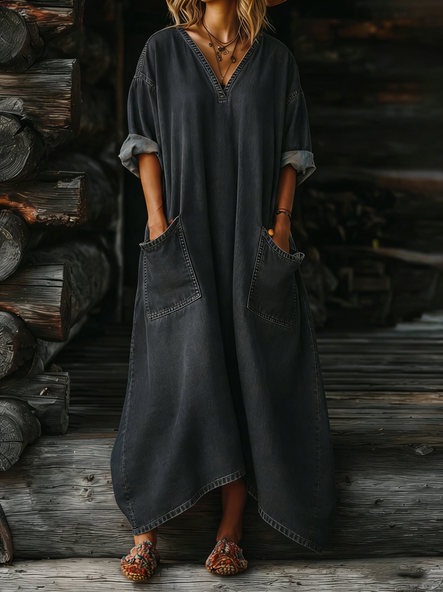 Women's Casual Long-sleeved V-neck Washed Cotton Denim Dress