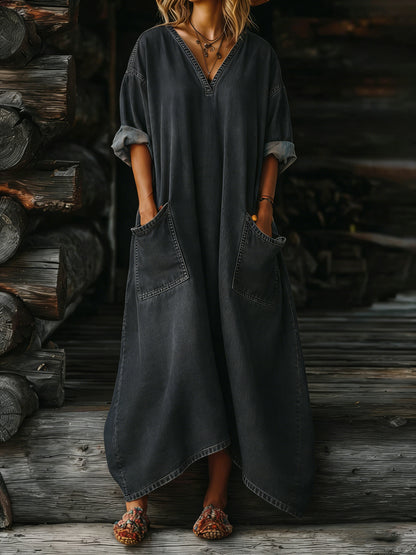 Women's Casual Long-sleeved V-neck Washed Cotton Denim Dress