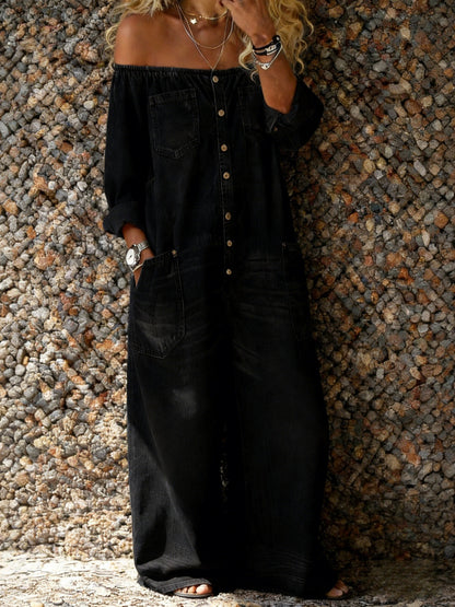 Women's Casual Long-sleeved Washed Cotton Denim Jumpsuit